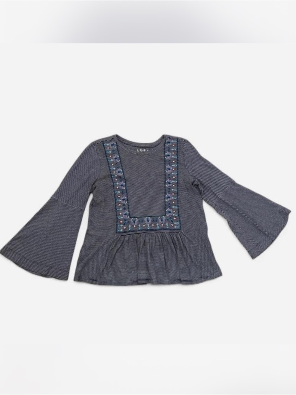 LOFT Navy Blue Embroidered Bell-Sleeve Peplum Top